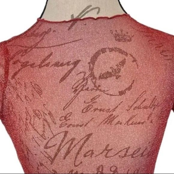 Shein Red Sheer Holiday Blouse Top - Picture 5 of 12